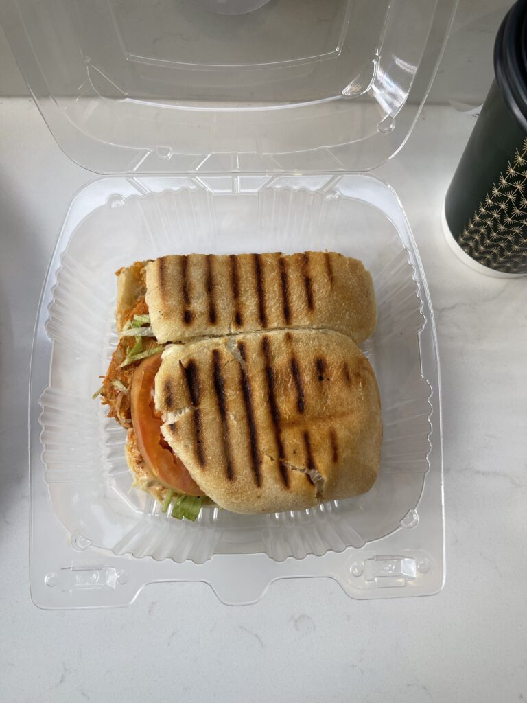 Image of the chicken sandwich with brown grill marks in a plastic to go container.
